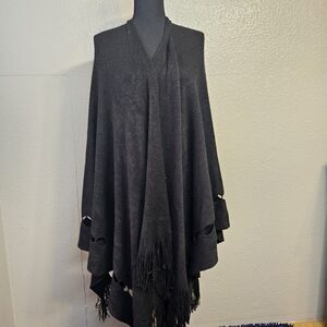 Kate Landry Black Shawl Poncho Cape O/S Open Front Fringe Y473